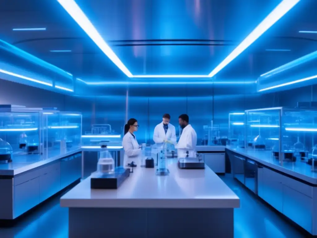 Un laboratorio futurista iluminado por suaves luces azul neón