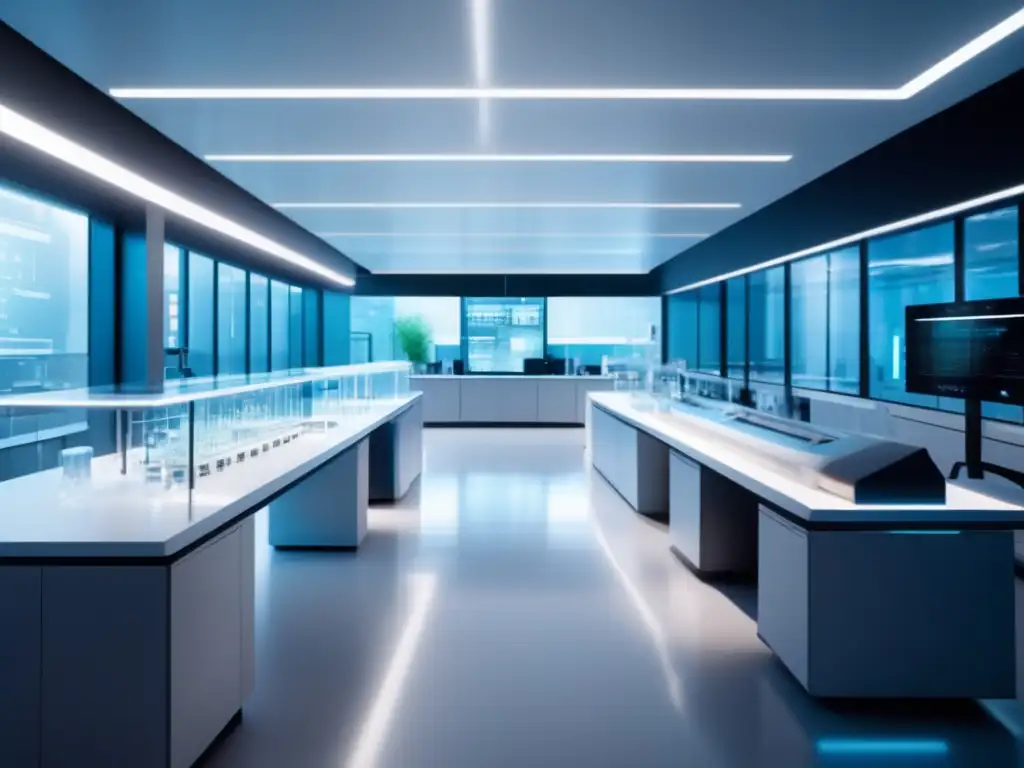 Un laboratorio futurista de bioquímica en 8k ultradetallado, donde científicos y estudiantes colaboran en experimentos vanguardistas