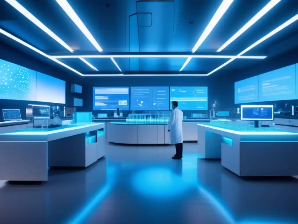 Un laboratorio futurista: tecnología de vanguardia y química computacional- Un laboratorio futurista de vanguardia, bañado en una suave luz azul
