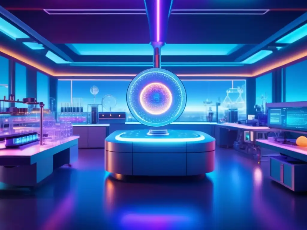 Un laboratorio futurista y vibrante, lleno de equipo científico avanzado, iluminado con una suave luz azul