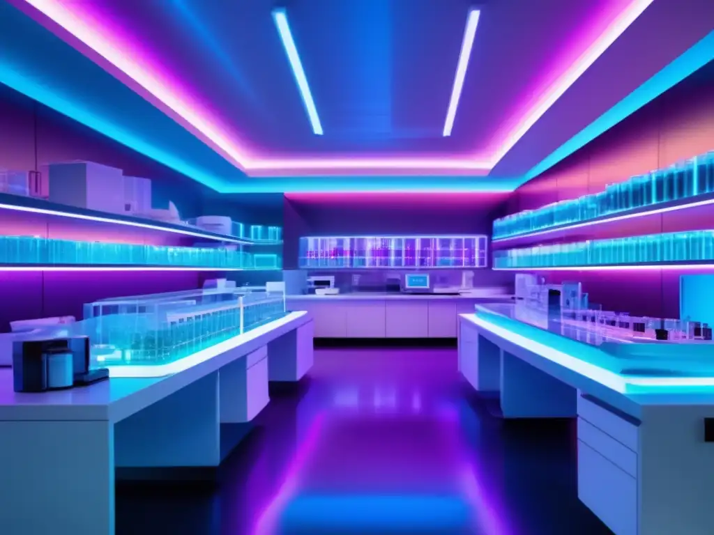 Un laboratorio médico futurista, bañado en luces neón y diseño moderno