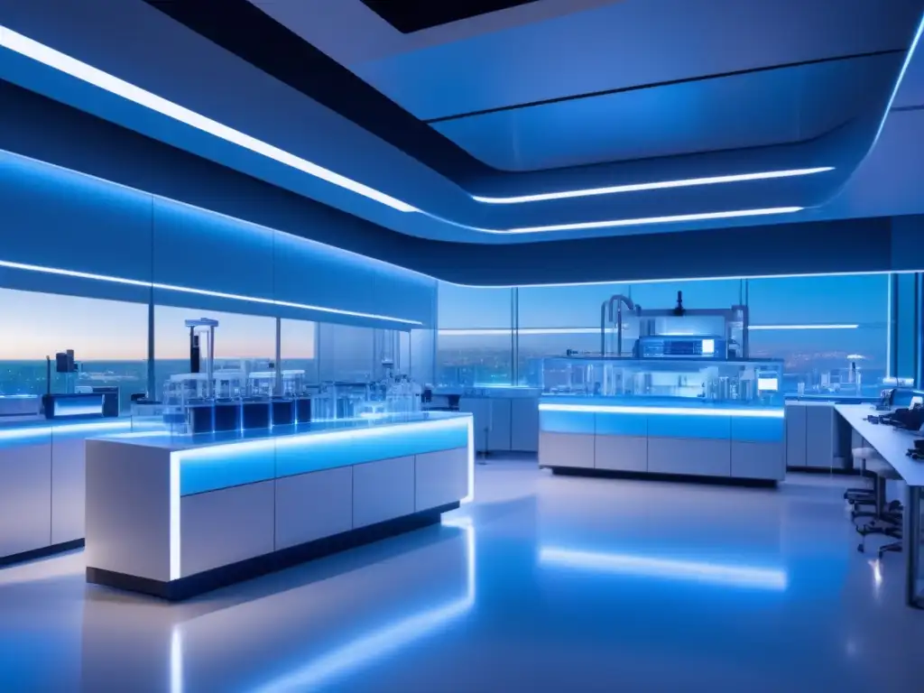 Un laboratorio moderno y futurista bañado en luces azules y blancas