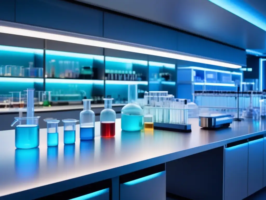 Un laboratorio moderno y sofisticado: Explora las reacciones químicas inorgánicas con estilo Un laboratorio moderno y sofisticado brilla con luz azul