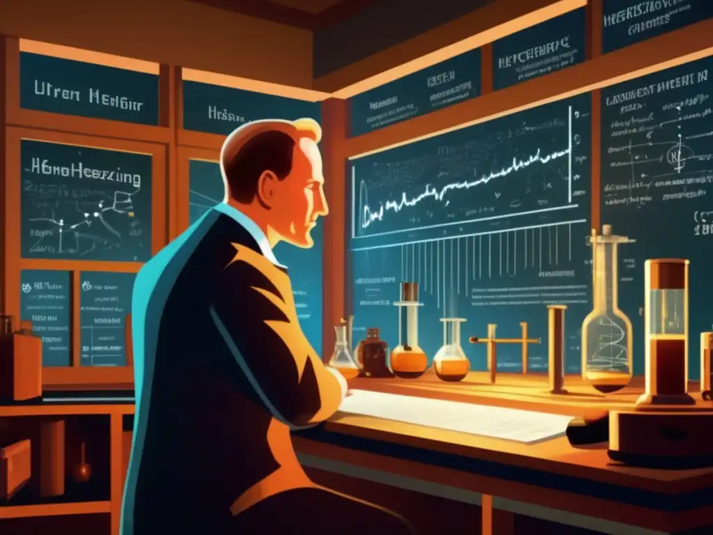 En el laboratorio, Werner Heisenberg, pionero de la física cuántica, concentra su mente en experimentos innovadores y complejas ecuaciones