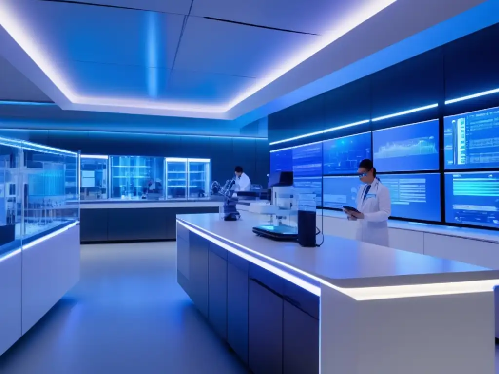 Un laboratorio vibrante y futurista con compartimentos de vidrio llenos de equipos avanzados de bioquímica