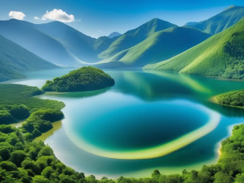 Un lago de agua dulce rodeado de montañas verdes, reflejando el cielo azul