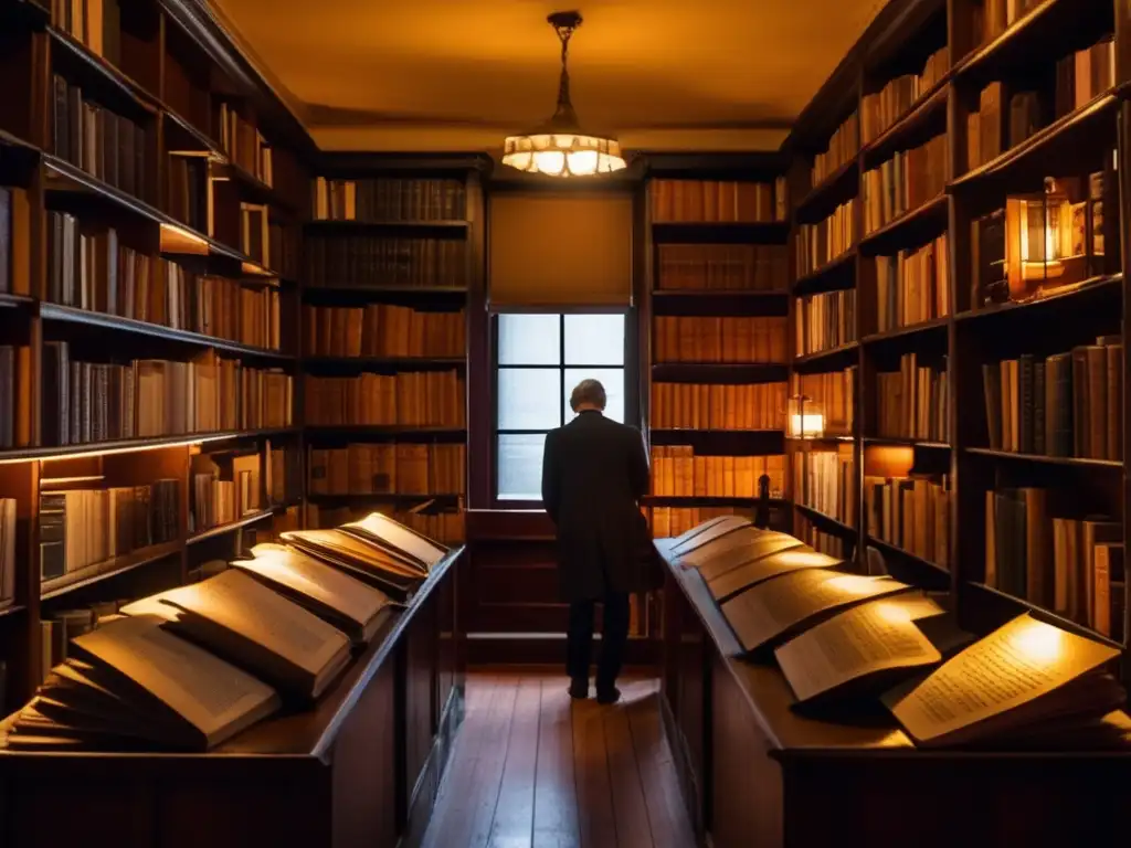 En una librería llena de misterio, una figura lee 'La Sombra del Viento' bajo la cálida luz