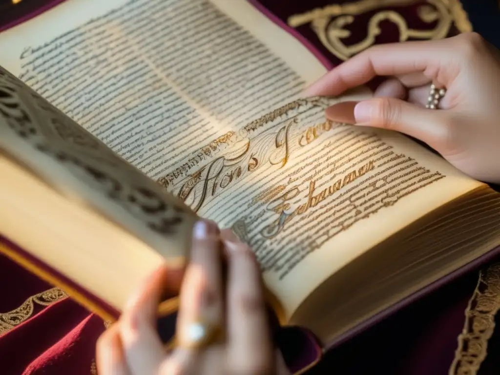 Un libro colonial abierto con elegante caligrafía y una mujer girando la página