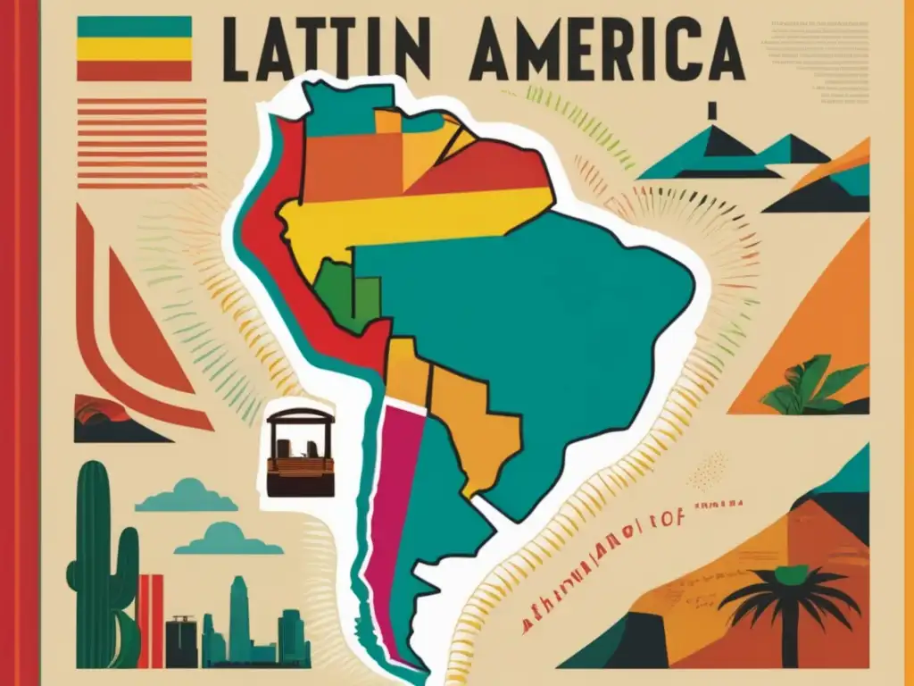 Un libro con mapa de Latinoamérica formado por letras y símbolos, rodeado de ilustraciones vibrantes que evocan la diversidad cultural