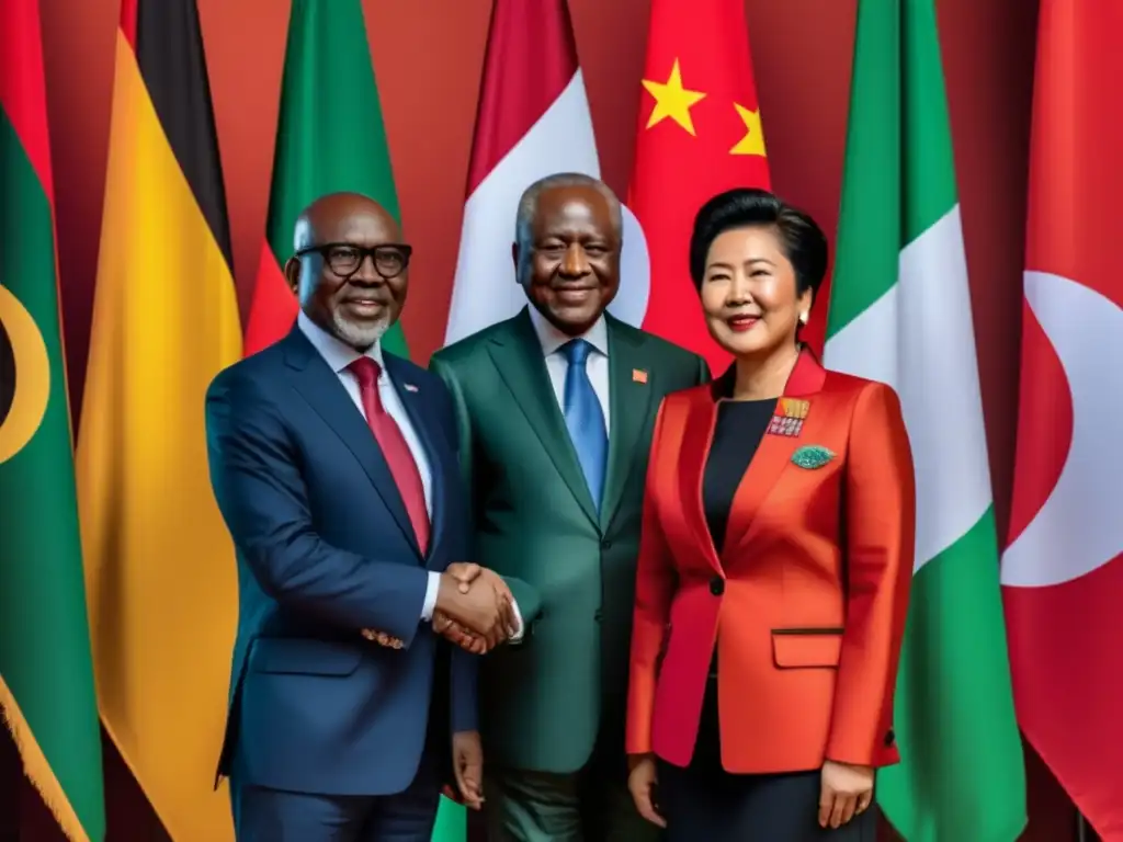Líderes africanos y asiáticos unidos frente a sus banderas, simbolizando el proceso de descolonización en África y Asia