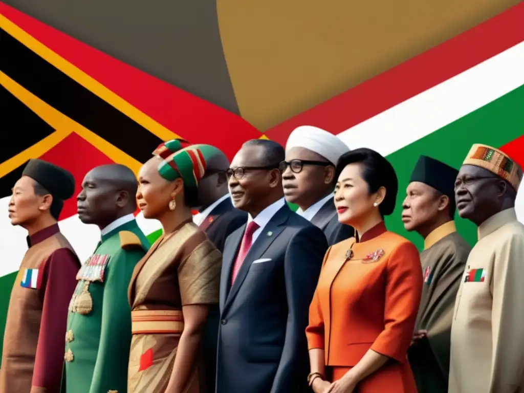 Conferencia histórica de líderes de África y Asia en proceso descolonización, con determinación y unidad ante sus banderas nacionales