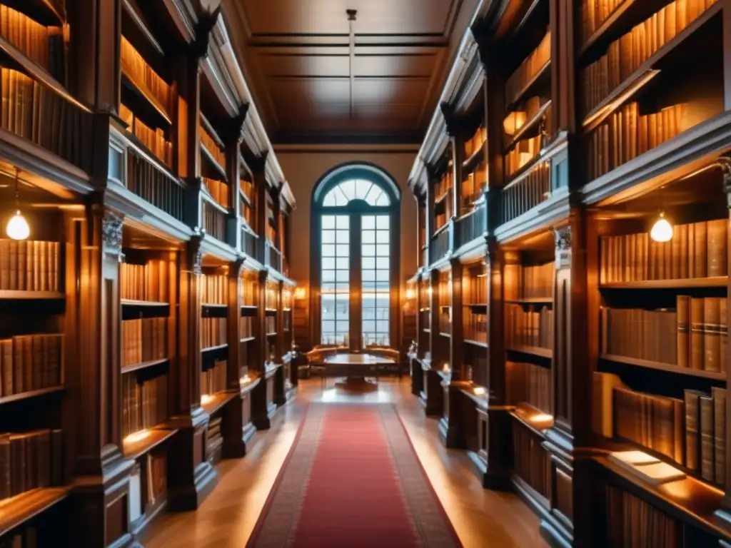 Descubriendo la literatura francesa clásica en una majestuosa biblioteca con estanterías repletas de libros antiguos encuadernados en cuero