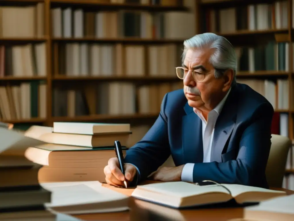 Mario Vargas Llosa reflexiona en su escritorio, rodeado de libros y papeles, inmerso en sus tácticas narrativas