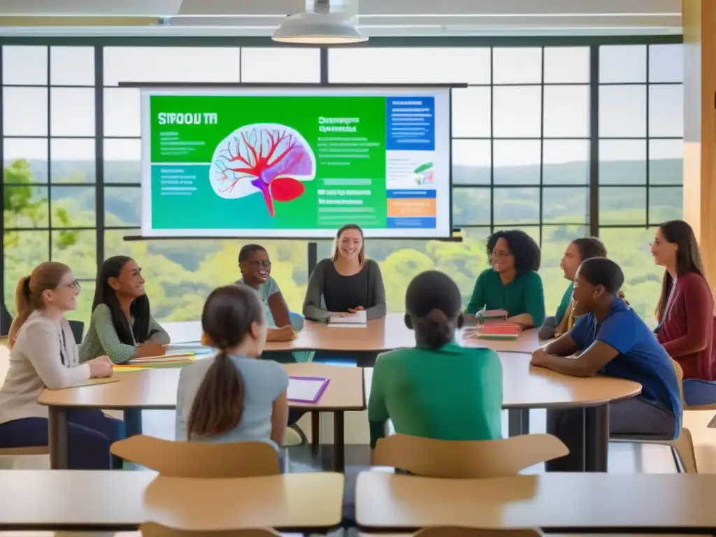 Una luminosa y moderna imagen muestra un aula llena de estudiantes entusiasmados participando en una intervención neurocientífica