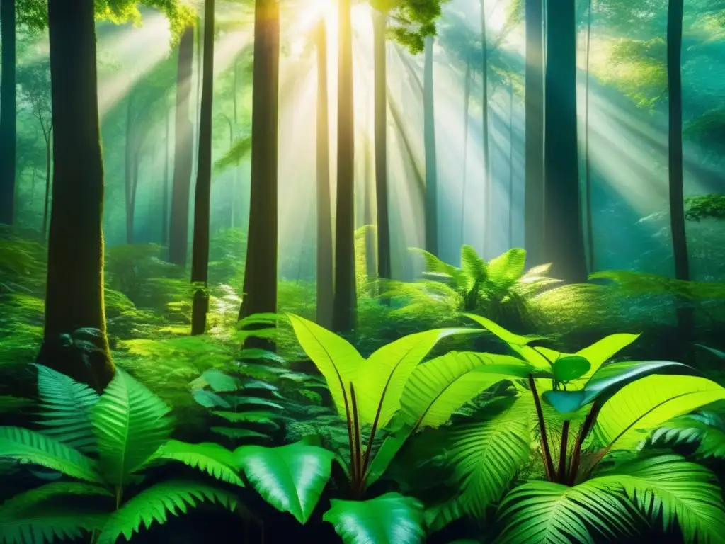 Un mágico bosque verde, con luz solar filtrándose entre el frondoso dosel