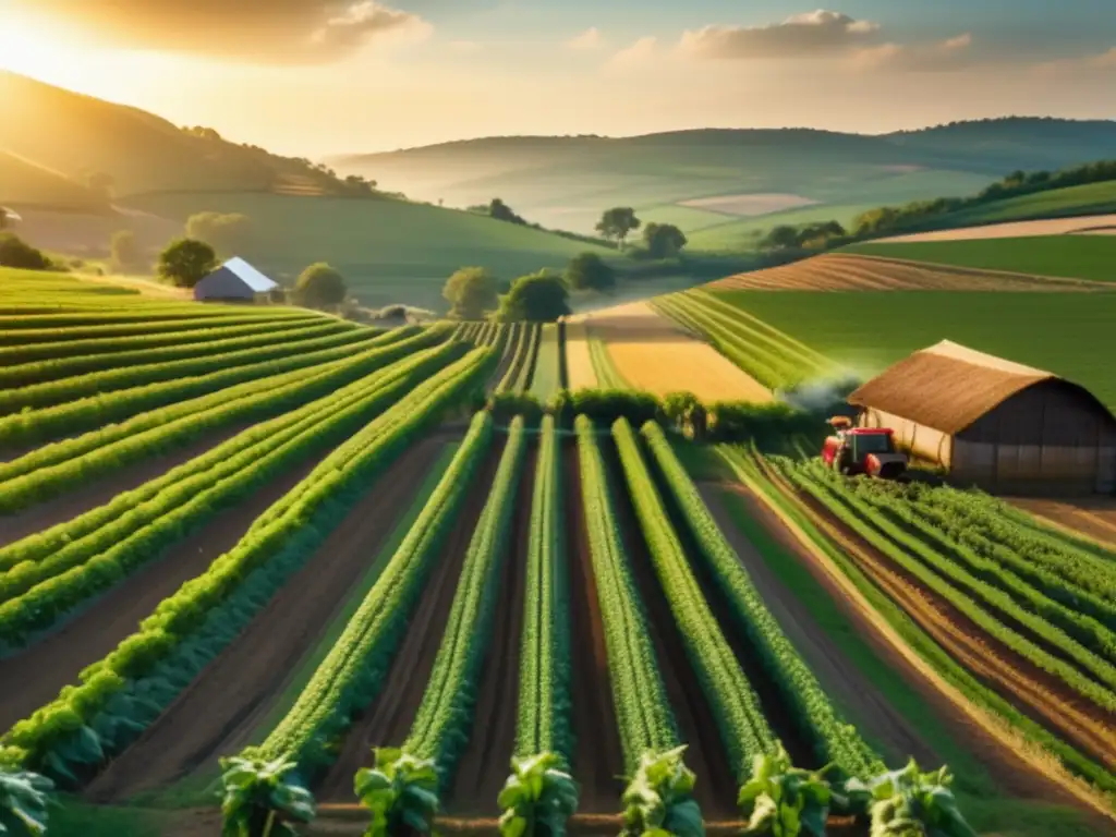 Una majestuosa granja orgánica rodeada de campos verdes exuberantes