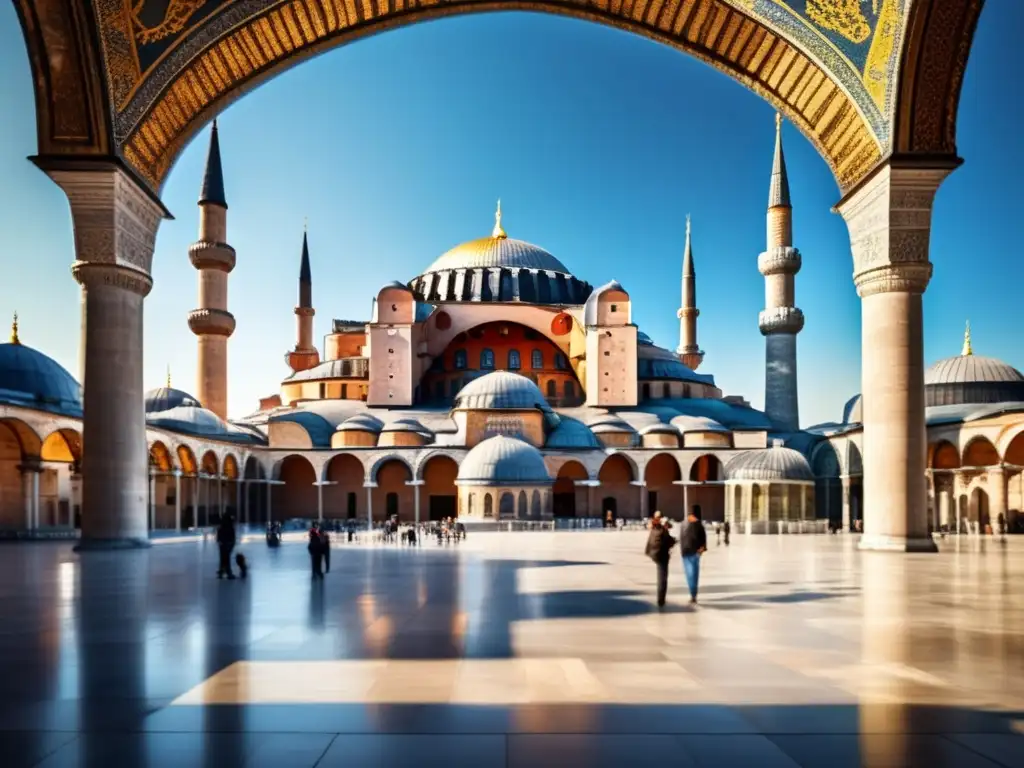 La majestuosa Hagia Sophia en Estambul, Turquía, con su cúpula grandiosa y minaretes, refleja la historia del imperio otomano