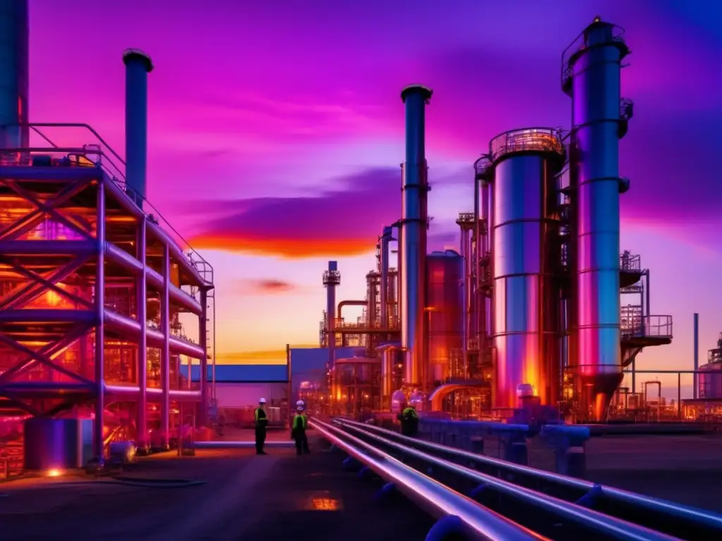 Una majestuosa imagen en 8k muestra una moderna planta química industrial al atardecer