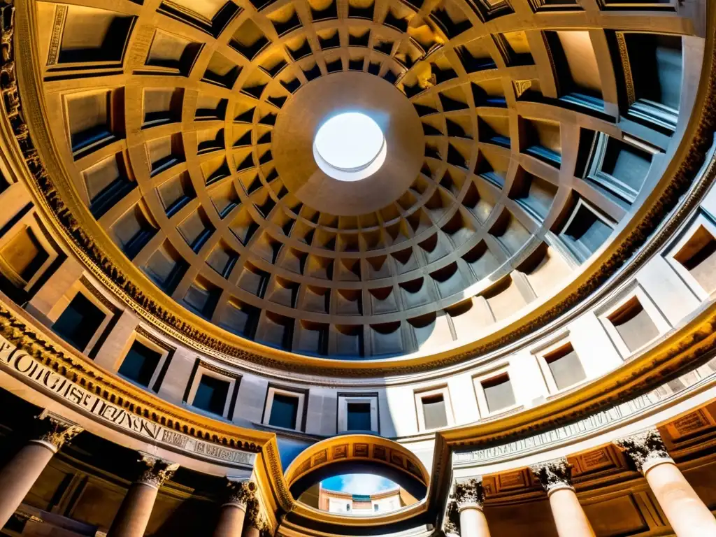 Una majestuosa imagen del Panteón en Roma, con su icónica cúpula y arquitectura detallada, bañada por la luz solar a través del óculo