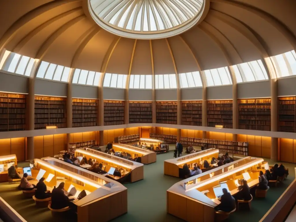 En la majestuosa Reading Room de la Biblioteca Británica, estudiantes y eruditos se sumergen en textos antiguos bajo la cálida luz del sol