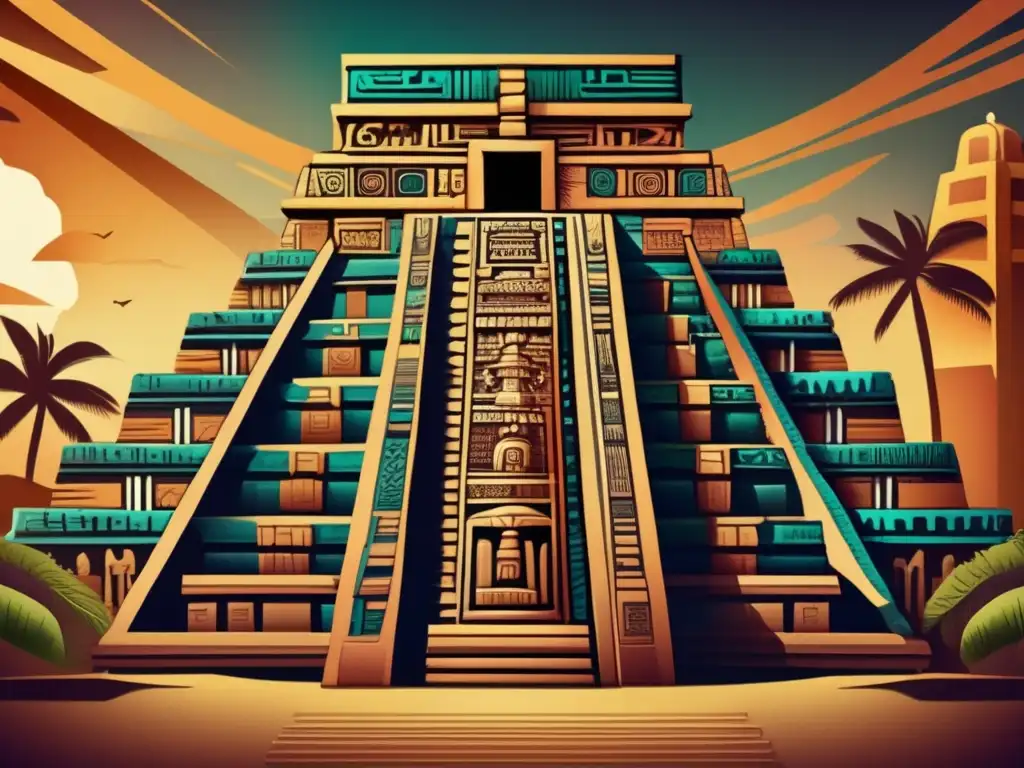 Descubre la majestuosidad del complejo maya en esta ilustración digital de alta resolución