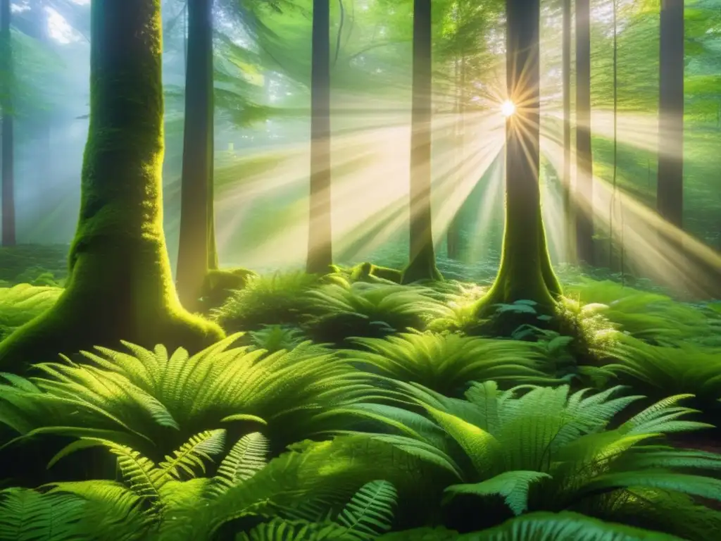 Un majestuoso bosque verde, iluminado por la dorada luz del sol filtrándose a través del frondoso dosel