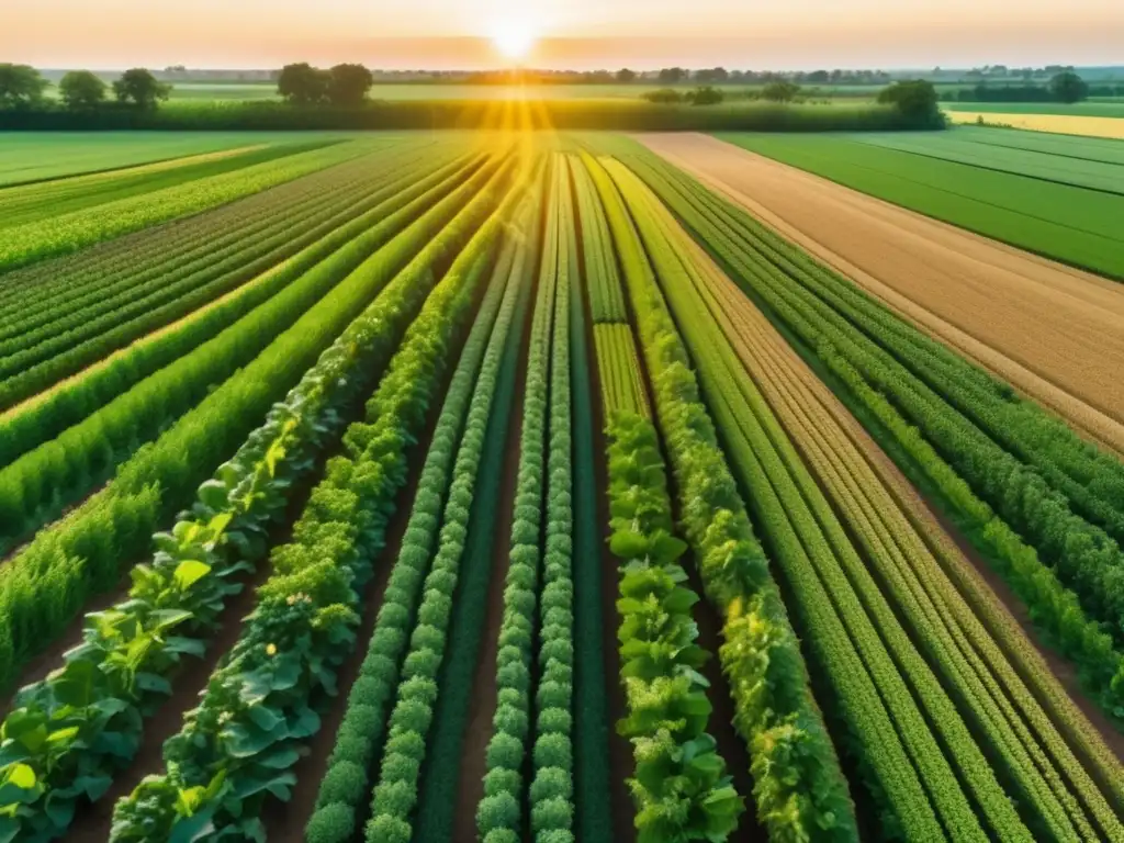 Un majestuoso campo agrícola se extiende a lo lejos, lleno de cultivos en distintas etapas de crecimiento