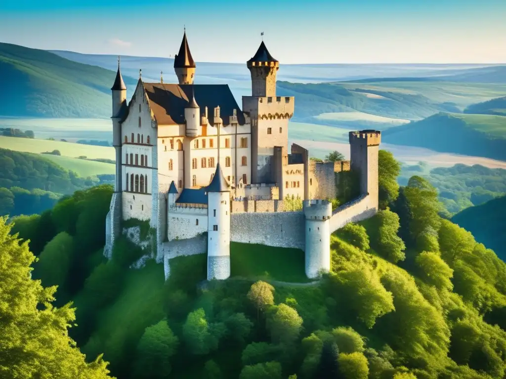 Un majestuoso castillo medieval europeo se alza sobre una colina verde, rodeado de un vibrante bosque y un cielo azul claro