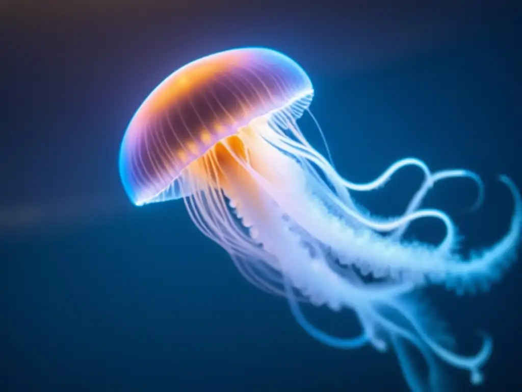 Un majestuoso y detallado retrato en 8k de una criatura marina bioluminiscente, una medusa, iluminando con su resplandor azul el abismo oscuro