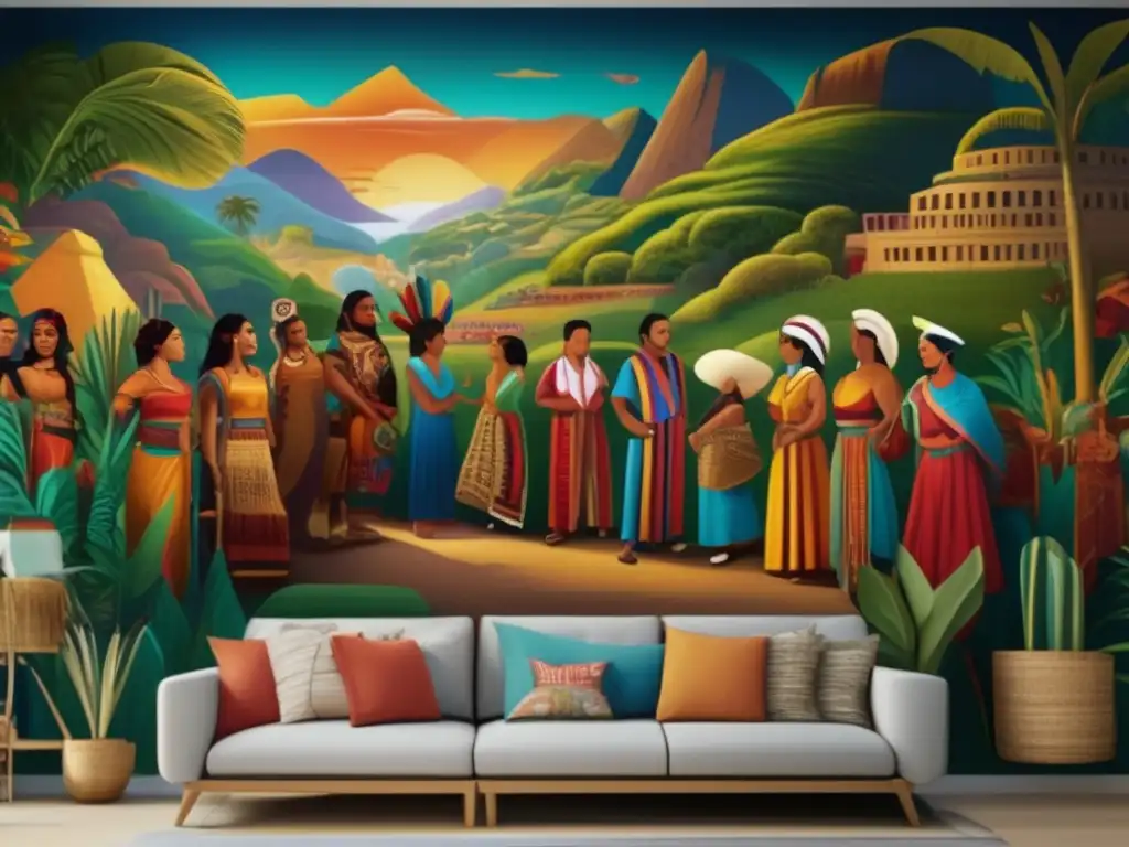 Un majestuoso mural latinoamericano detallado en 8k, con colores vibrantes y escenas de la historia y cultura de la región