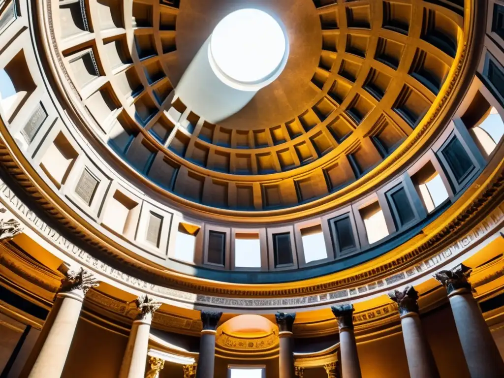 El majestuoso Pantheon en Roma, con la luz del sol creando sombras dramáticas en las antiguas columnas