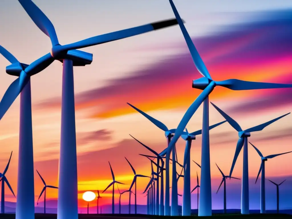 Un majestuoso parque eólico al atardecer, con modernos aerogeneradores en un paisaje verde