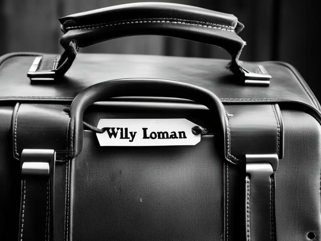 Un maletín desgastado con una etiqueta de equipaje que lee 'Willy Loman', revela un solitario tarjeta de presentación y la textura del cuero gastado