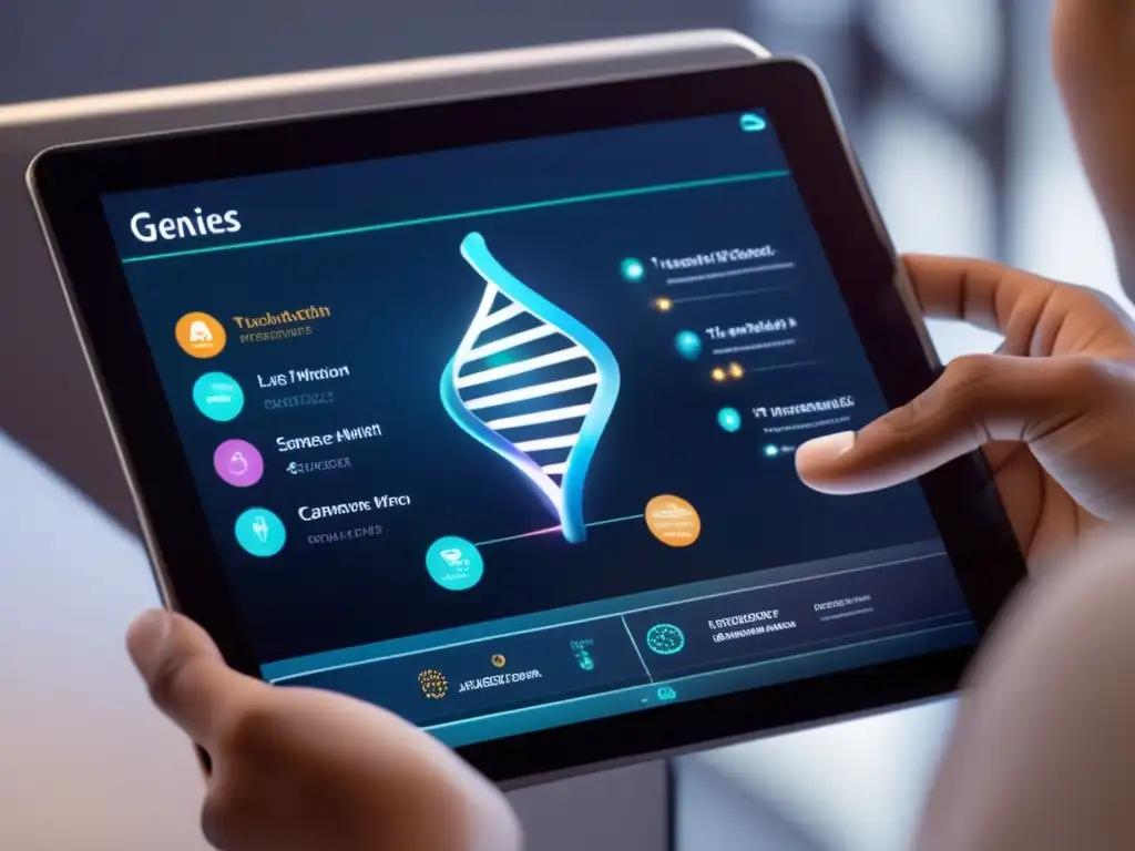 Una mano enfocada interactúa con una interfaz futurista en una tablet, explorando una representación 3D del ADN