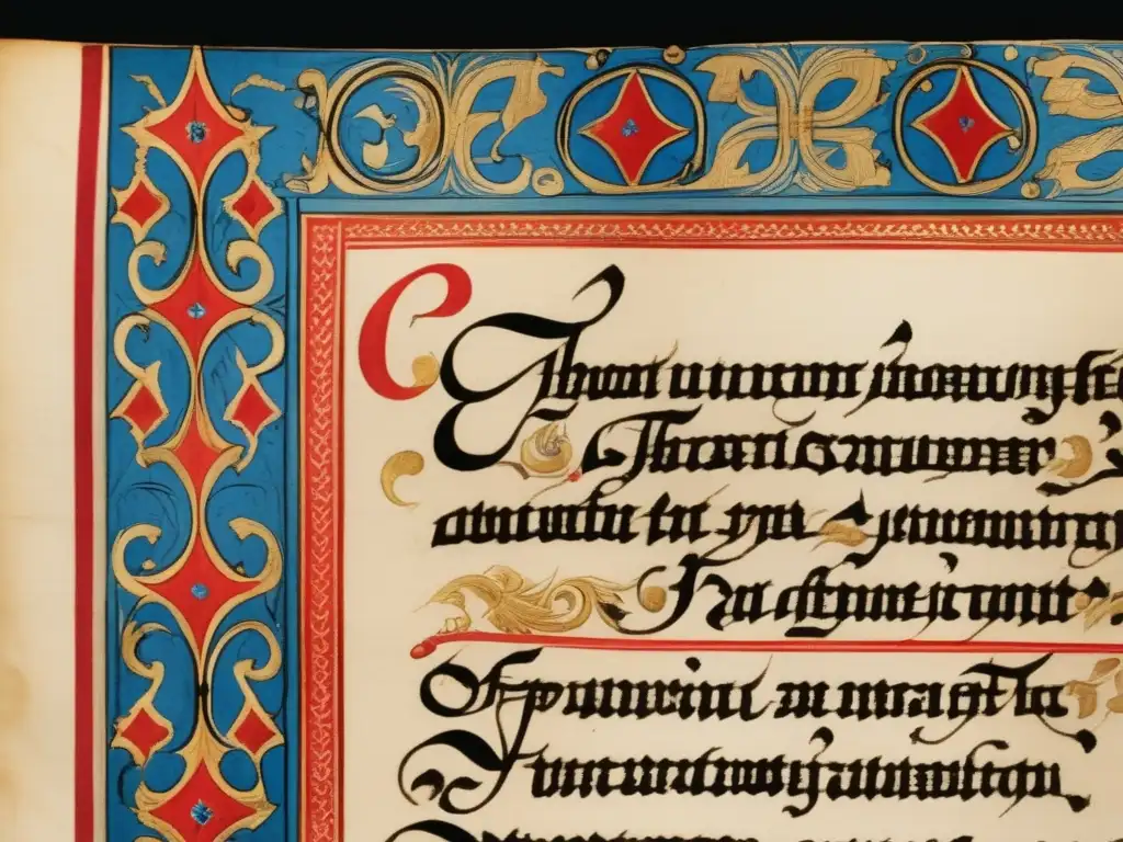 Un manuscrito español del siglo XVI, con caligrafía e ilustraciones detalladas en rojo, azul y dorado