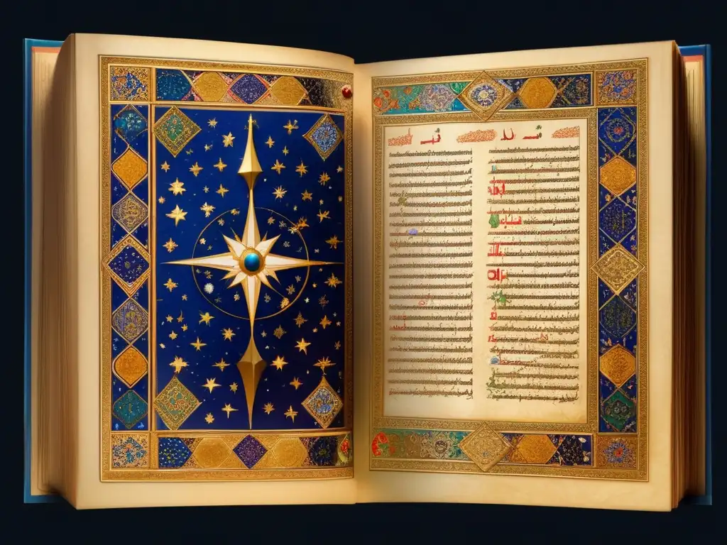 Un manuscrito iluminado detallado que muestra la astronomía y matemáticas de los estudiosos islámicos medievales, con colores vibrantes y detalles en pan de oro