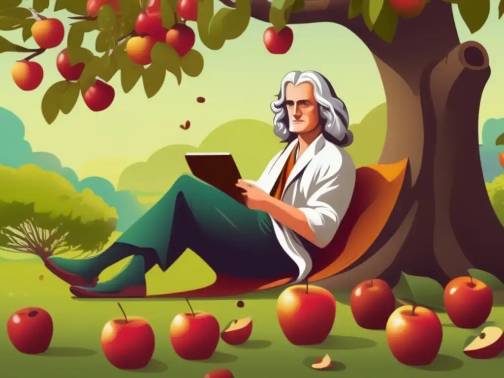 Isaac Newton bajo un manzano, observando la caída de la manzana