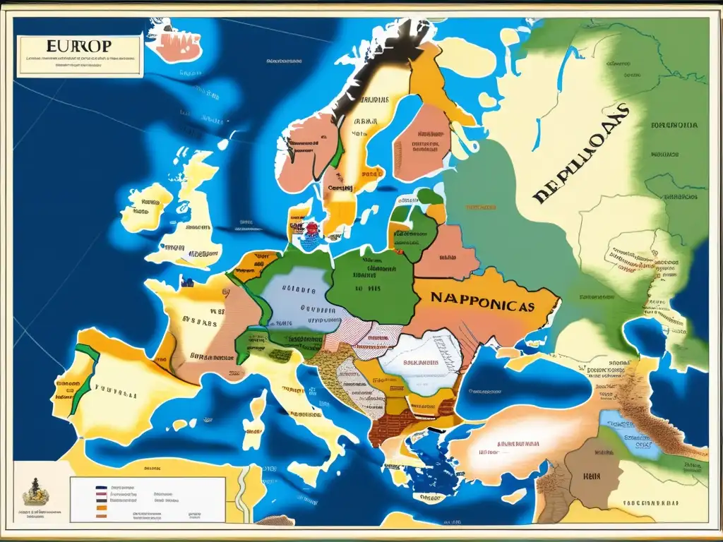 Un mapa detallado en 8k de Europa durante las Guerras Napoleónicas, con demarcaciones claras de territorios y movimientos de tropas, mostrando el impacto en el paisaje político