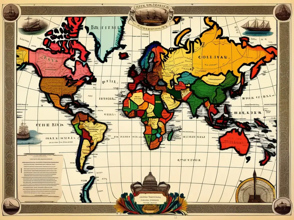 Mapa detallado del Imperio británico con motivos literarios, representando su legado histórico