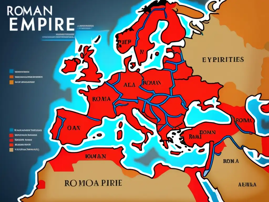 Un mapa detallado muestra la expansión del Imperio Romano con líneas y sombreados