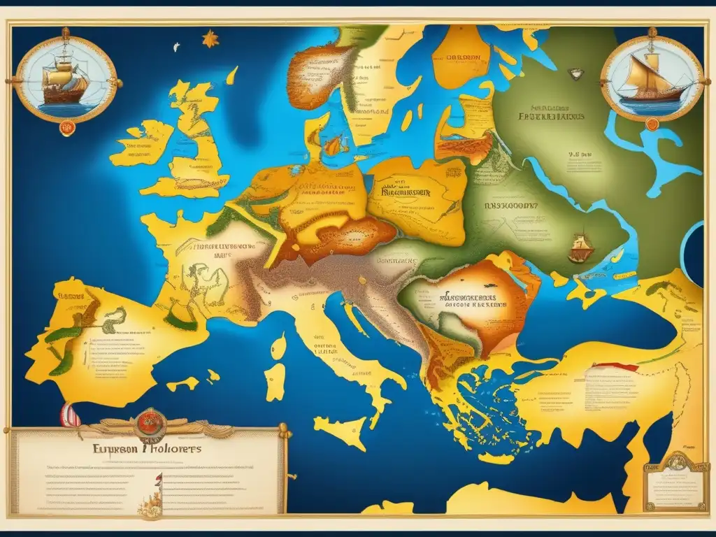 Un mapa detallado en 8k de las rutas de exploradores europeos en la Era de los Descubrimientos, lleno de colores vibrantes y detalles intrincados