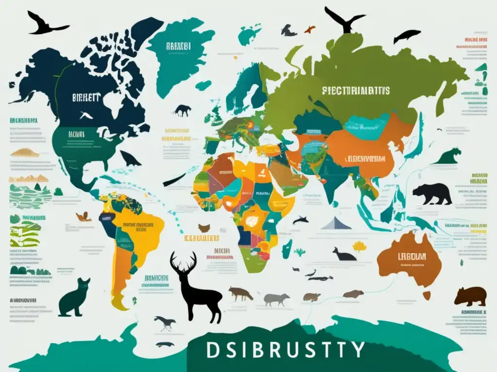 Un mapa del mundo detallado con líneas y patrones que representan la distribución de especies