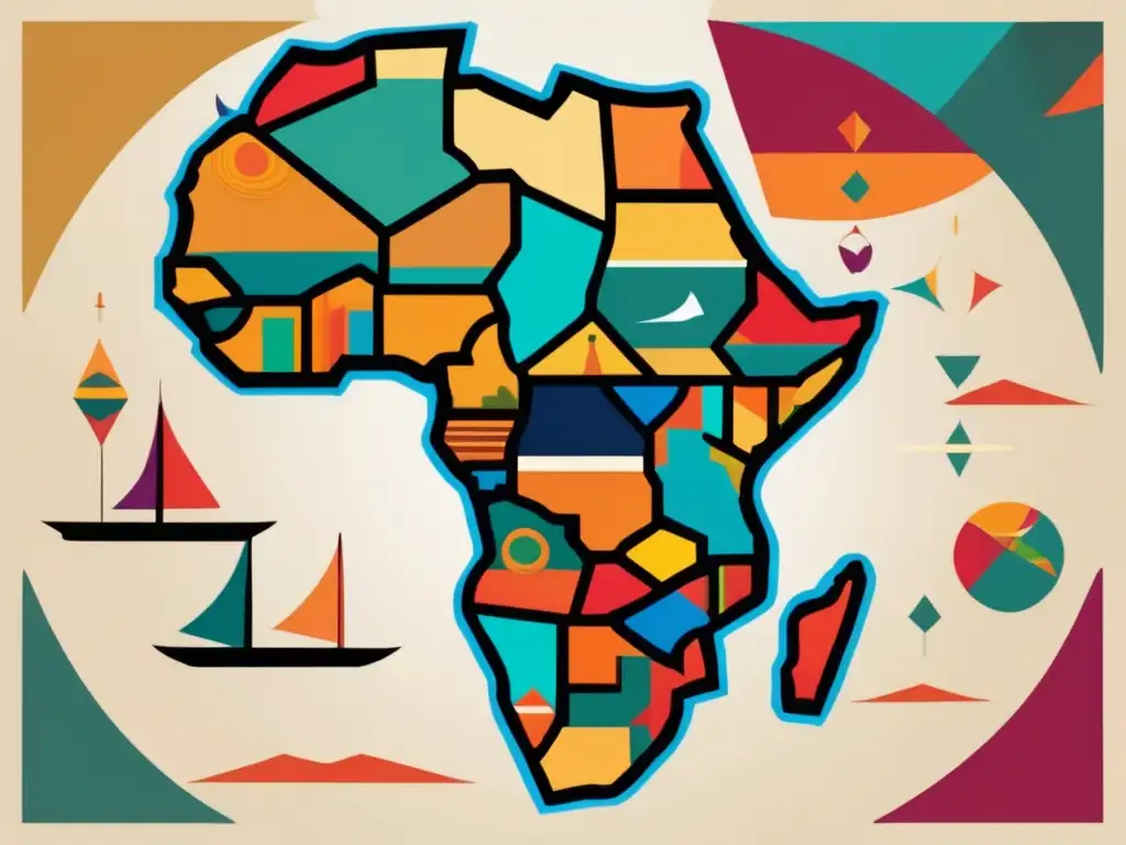 Un mapa vibrante de África y Asia con formas geométricas abstractas, que simboliza el proceso de descolonización