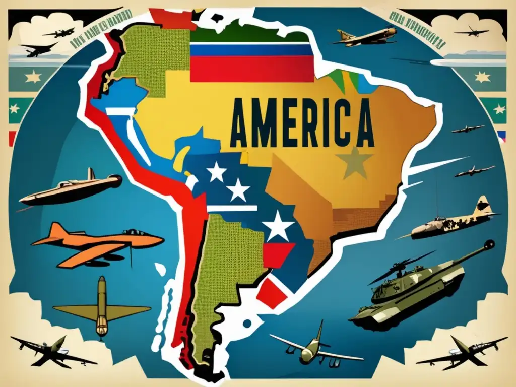 Un mapa vibrante de América Latina se superpone con imágenes impactantes de tanques, aviones y soldados, creando una representación poderosa del impacto de la Segunda Guerra Mundial en la región