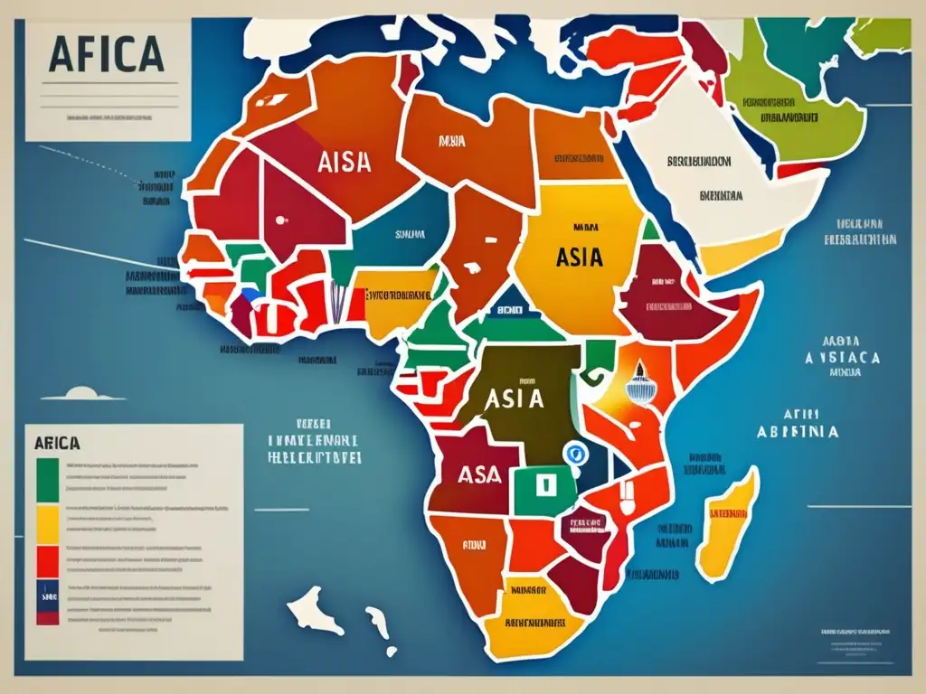 Un mapa vibrante de África y Asia, muestra el proceso de descolonización con eventos históricos y líderes clave