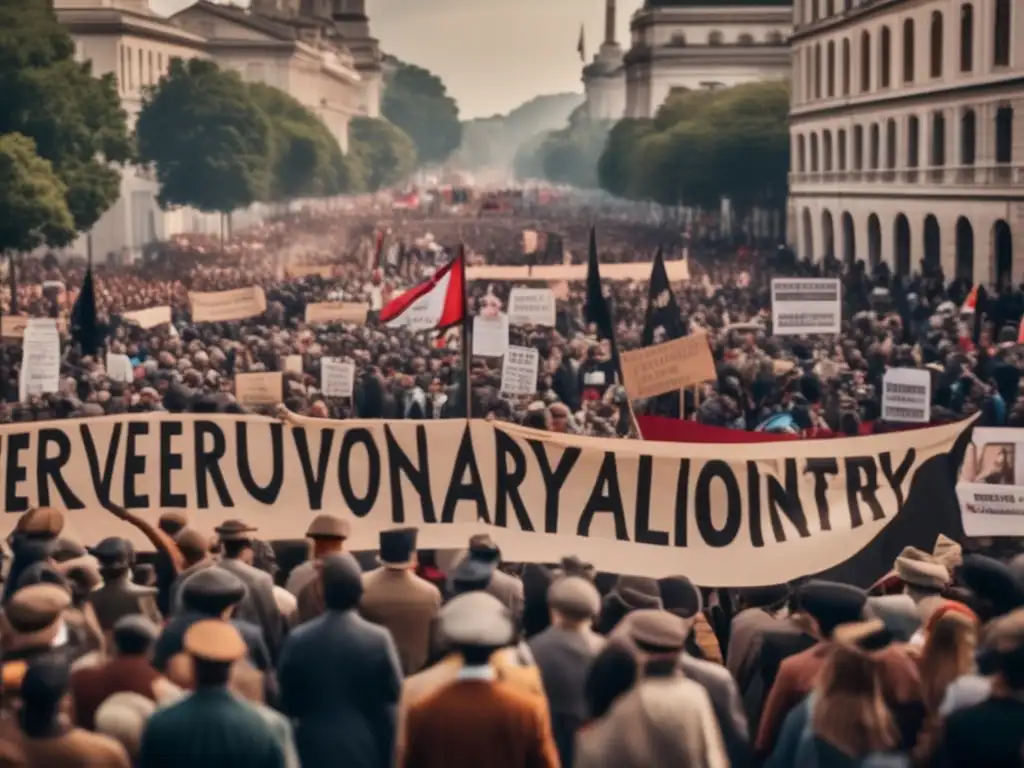 Un mar de personas marcha con pancartas y consignas revolucionarias, vistiendo ropas modernas y antiguas