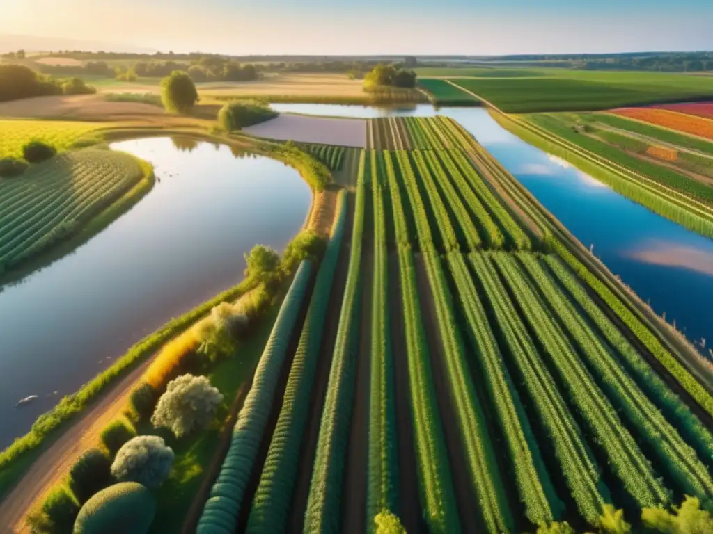 Una maravillosa imagen ultradetallada en 8k de una exuberante granja orgánica bañada por la cálida luz dorada