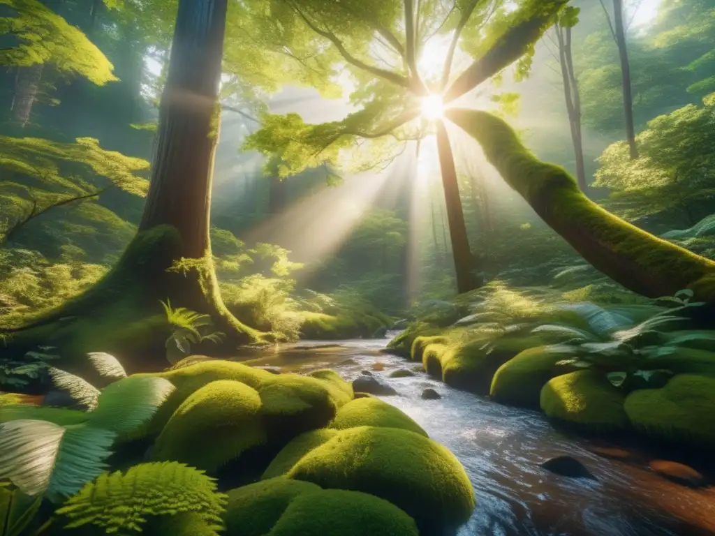 Un maravilloso paisaje en 8k que muestra un exuberante bosque, donde la luz del sol se filtra a través de las hojas creando un resplandor dorado