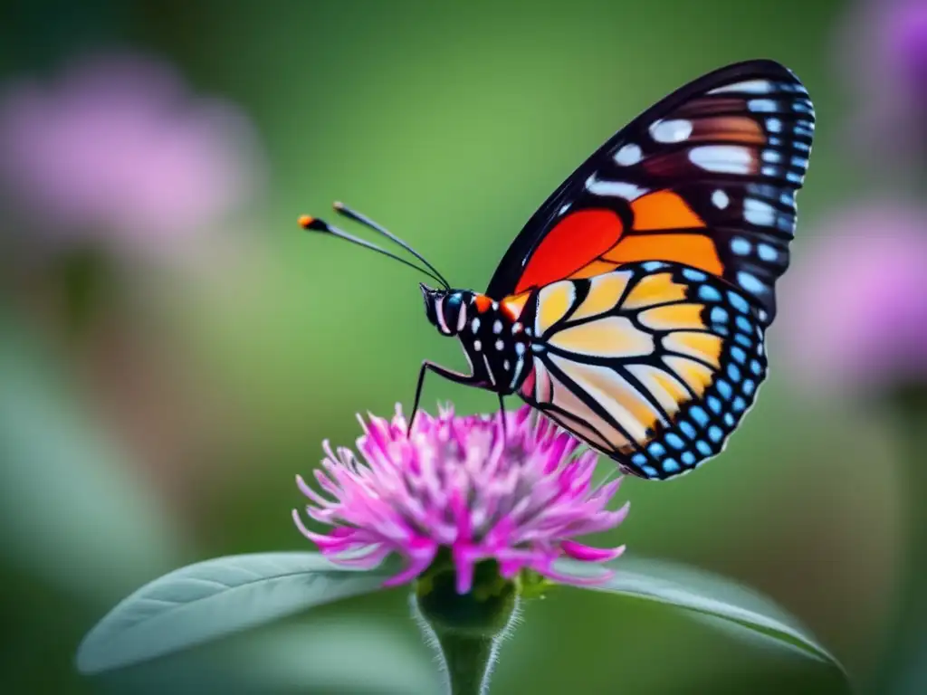 Una mariposa vibrante descansa en una delicada flor, cautivando con sus colores y patrones mientras extiende sus alas