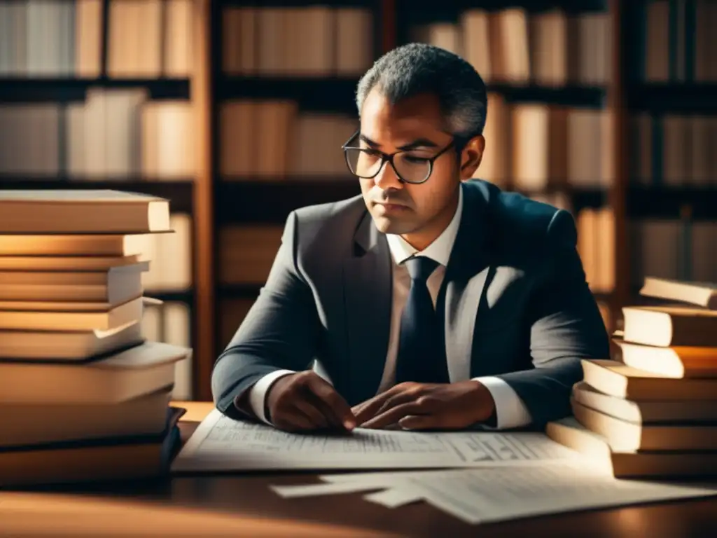 Un matemático resolviendo una ecuación diofántica práctica, rodeado de libros y papeles, iluminado por la suave luz natural